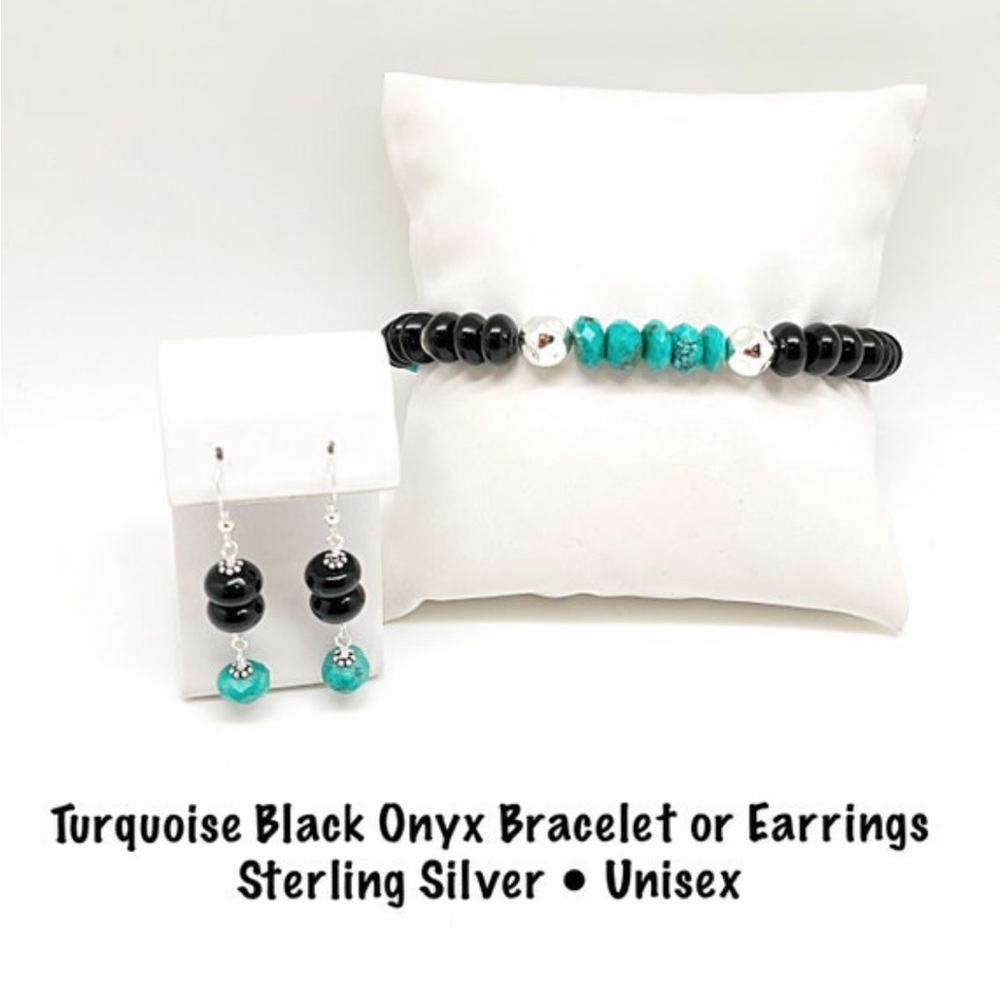 Unisex Turquoise & Black Onyx Bracelet & Earrings, Sterling Silver, NWT, 6.5”-9”
